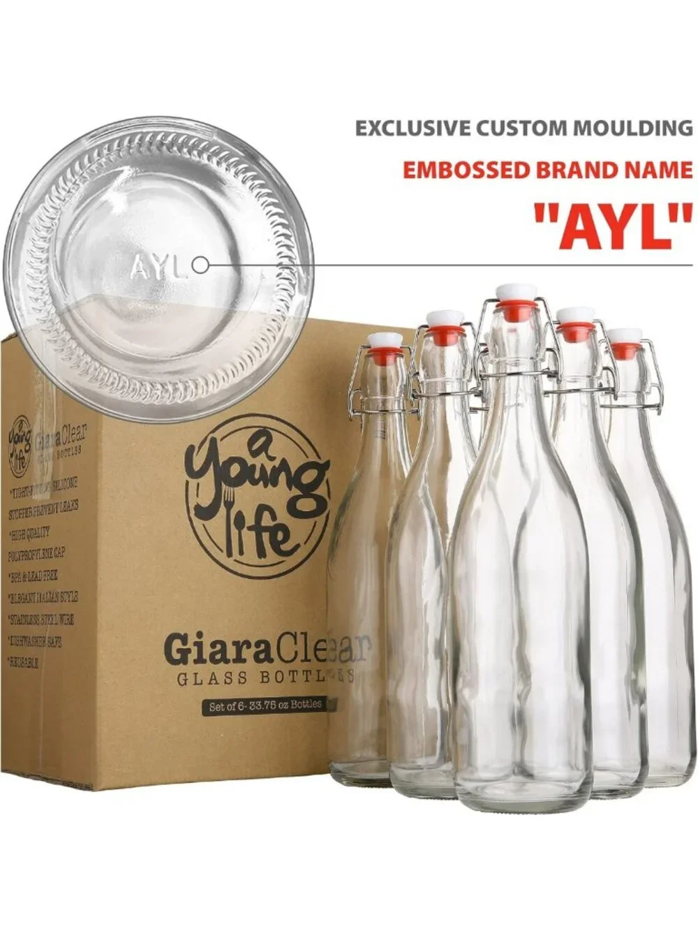 Set of 6 Flip Top Glass Bottles - 1L Airtight Containers for Beverages, Oil